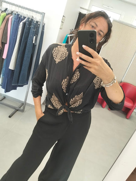 Camicia seta NERA con ricami TENSIONE IN