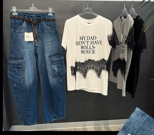 T shirt con scritta e pizzo TENSIONE IN